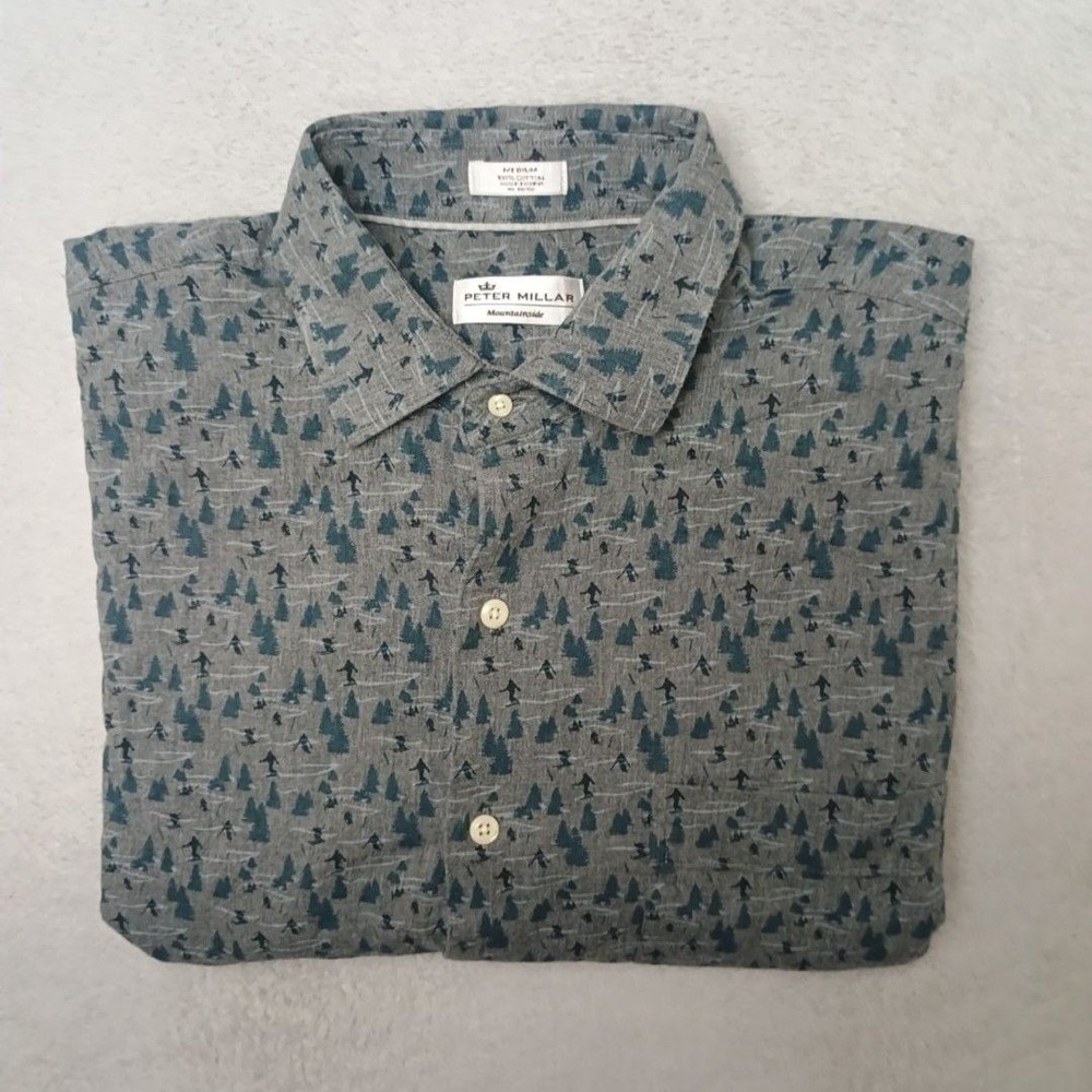 Peter Millar Shirt Men M Gray Ski Tree Mountainside Button-Up Outdoor Skiing